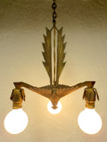 Antique 1920s Art Deco 3 Light Slip Shade Chandelier 11" Geometric Ceiling Fixtu
