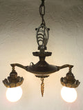 Vintage Art Deco 2 Lights Slip Shade Chandelier 16", Ceiling Fixture with Canopy