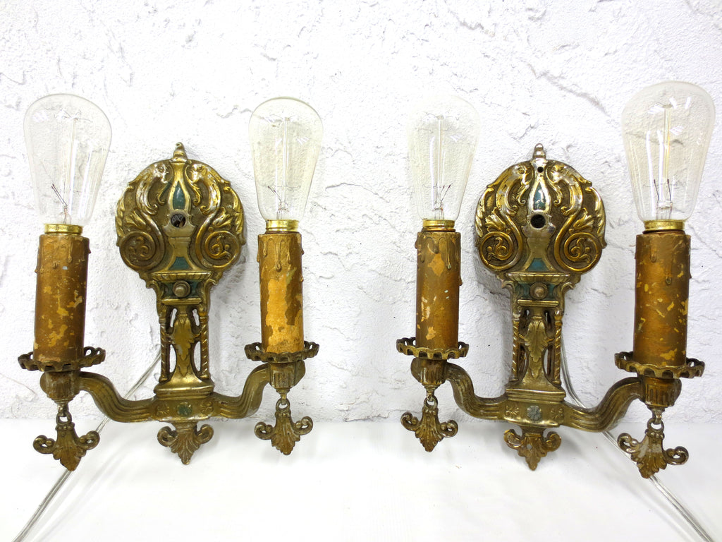 Antique Art Nouveau 1920's Brass Wall Sconce Double Light Holders, Fleur de Lys