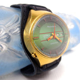 Large Vintage Chaika Automatic 23 Jewels Gold Plated Russian Men's Watch, Day Date, Pilot Leather Band, Wide 43 mm Stadium Case, Green Dial