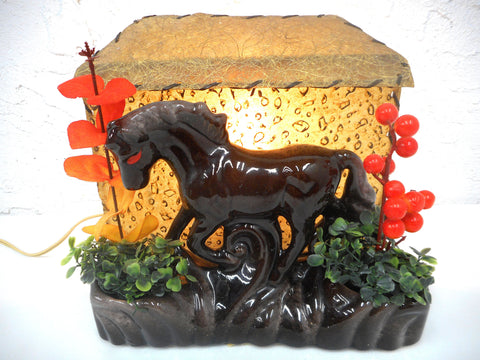 Vintage 1950s TV Television Lamp and Planter, Dark Horse Running, Retro Fiberglass Lamp Shade, Plastic Flowers