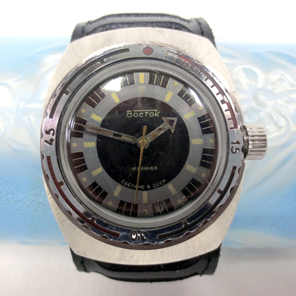 Large Vintage Vostok Automatic Men's Diving Watch 200 Meters from Russia, Russian Pilot Leather Band, Black Rotating Dial, CCCP Military