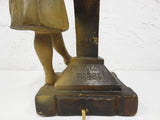 Rare 1910 Antique Figural Plaster Lamp Signed Petrucci Frères Brothers 19", Young Girl Smiling, Leaning on Light Post, Montreal, Tuscany