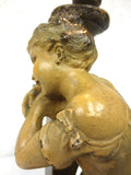 Rare 1910 Antique Figural Plaster Lamp Signed Petrucci Frères Brothers 19", Young Girl Smiling, Leaning on Light Post, Montreal, Tuscany