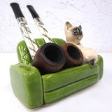 Vintage 1950's Mid Century Double Tobacco Pipe Holder, Siamese Cat on Green Sofa, Smoking Therapy Cat