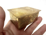 Antique Chinese Brass Stamps Coins Trinket Box 3 X 2" Small, Forest Landscape with Animal and Flowers, Handmade Hammered Punched