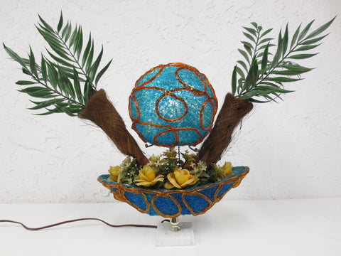 Vintage Mid Century Tiki Lamp 22", Blue & Orange Spun Lucite Spaghetti Shade and Boat Base, Plastic Flowers and Palm Trees