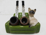 Vintage 1950's Mid Century Double Tobacco Pipe Holder, Siamese Cat on Green Sofa, Smoking Therapy Cat