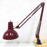 Vintage Mid Century Luxo Drafting Desk Lamp 31" Long Articulated Swing Arm, Dark Red Burgundy, 6 3/4 Diameter