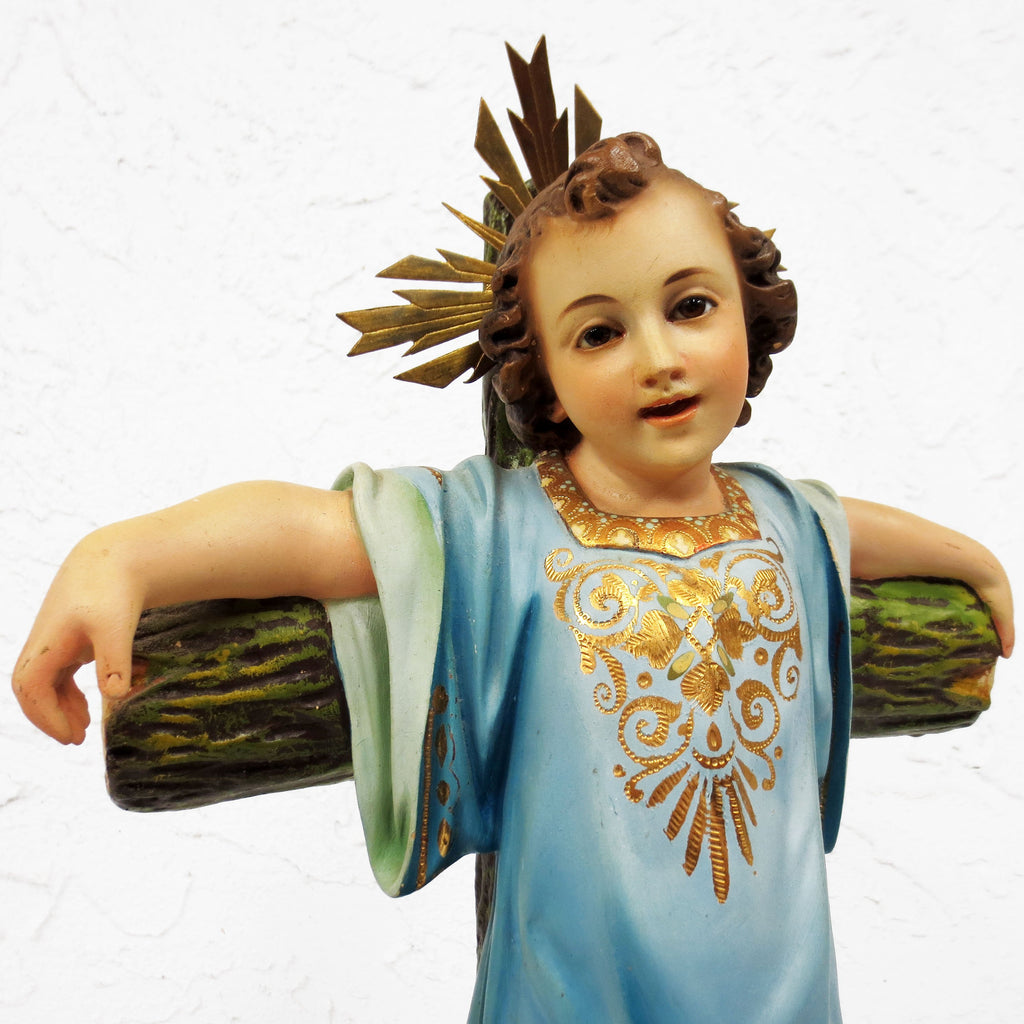 Antique Holy Infant Young Jesus Sculpture 18" Log Crucifix Cross, Glass Eyes, From Montreal Monastery