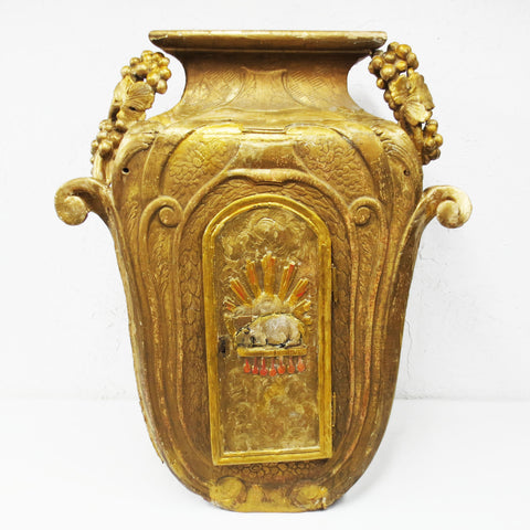 Antique 1880 Rustic Church Tabernacle 33", Carved Tree Trunk, Wine Urn, Lamb