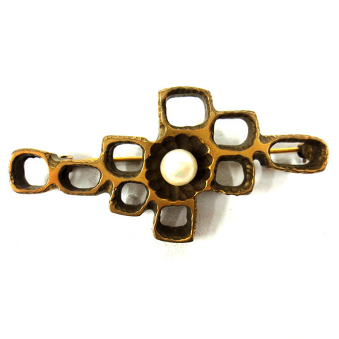 Vintage Mid Century Brutalist Brass Brooch w/ Pearl, Large Size 65mm, Molecular