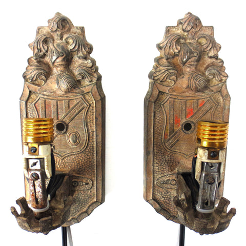 Antique Markel Electric Wall Sconces Light Fixture Pair, Armoured Knight & Crest