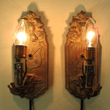 Antique Markel Electric Wall Sconces Light Fixture Pair, Armoured Knight & Crest