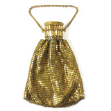 Art Deco Gold Mesh Evening Purse, Expandable Beggars Bag, Satin Lining, Chain Handle