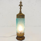 Antique Boudoir Lamp Blue Glass with Waves 14" Tall, Gold Tone Cast Iron & Metal